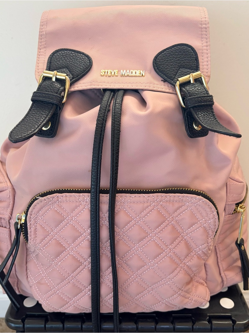Steve Madden Blush Pink Quilted Drawstring Backpack with Black Trim